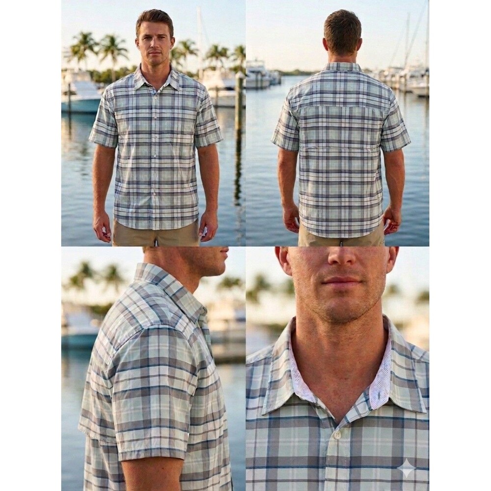 Salt Life Men XL SLX Fishing Shirt Plaid Short Sleeve Vent Mint Grey Button Up